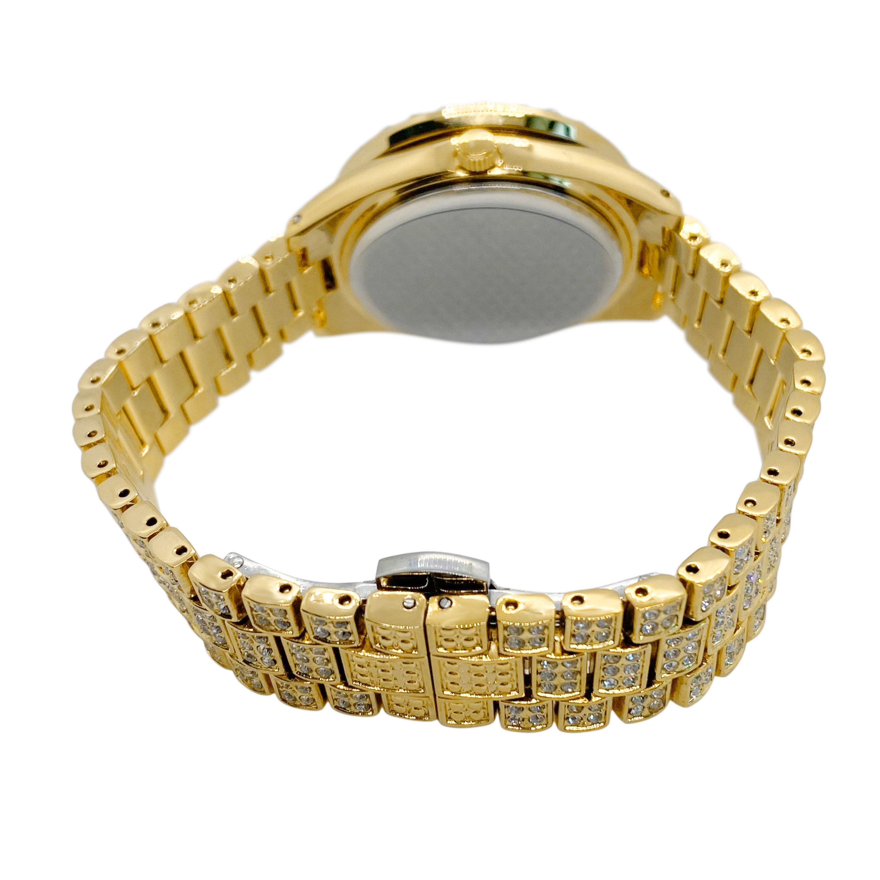 Caseback view showing gold case and bracelet strap