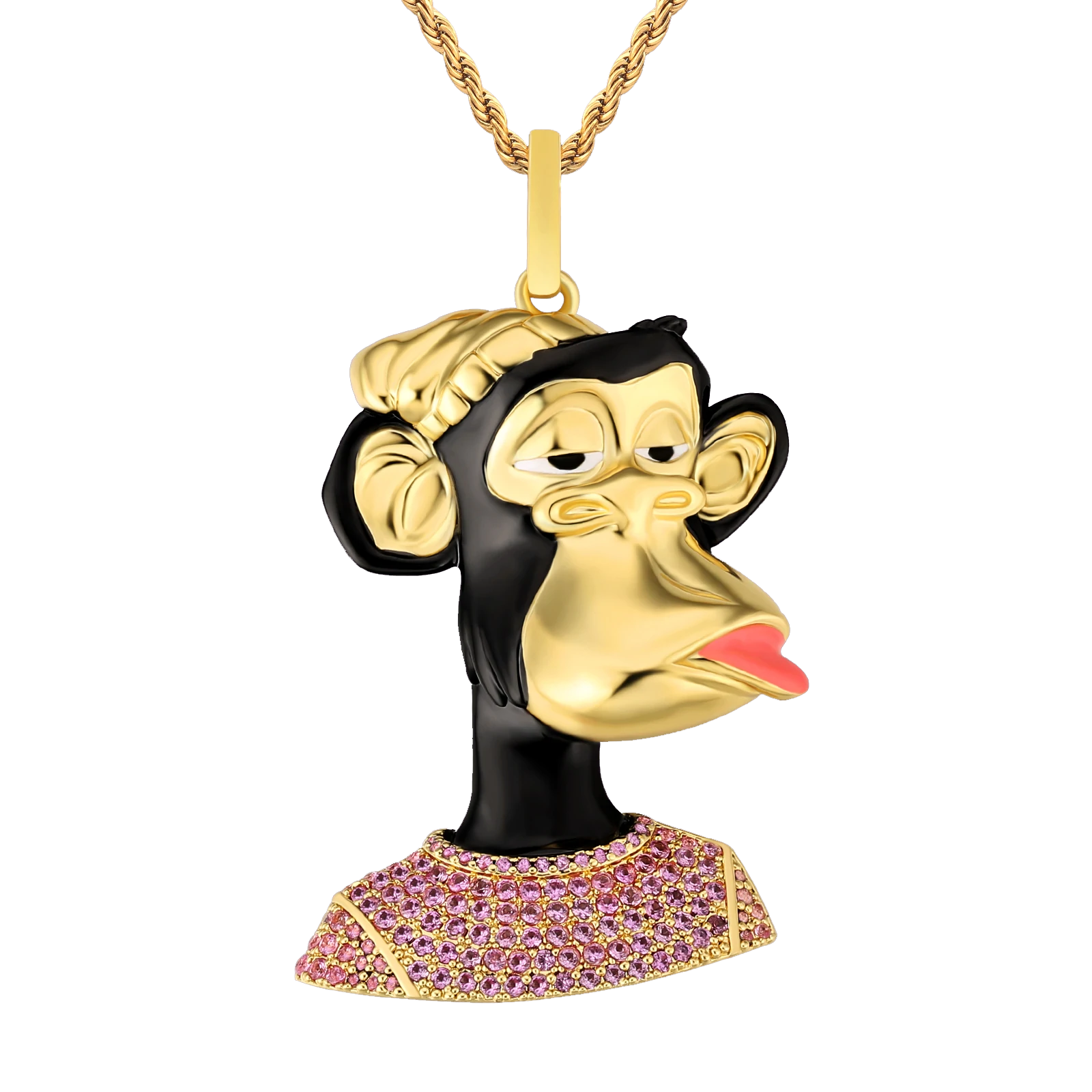 Gold-plated iced out Bored Ape pendant with black hair, pink lips, and crystal-studded shoulders
