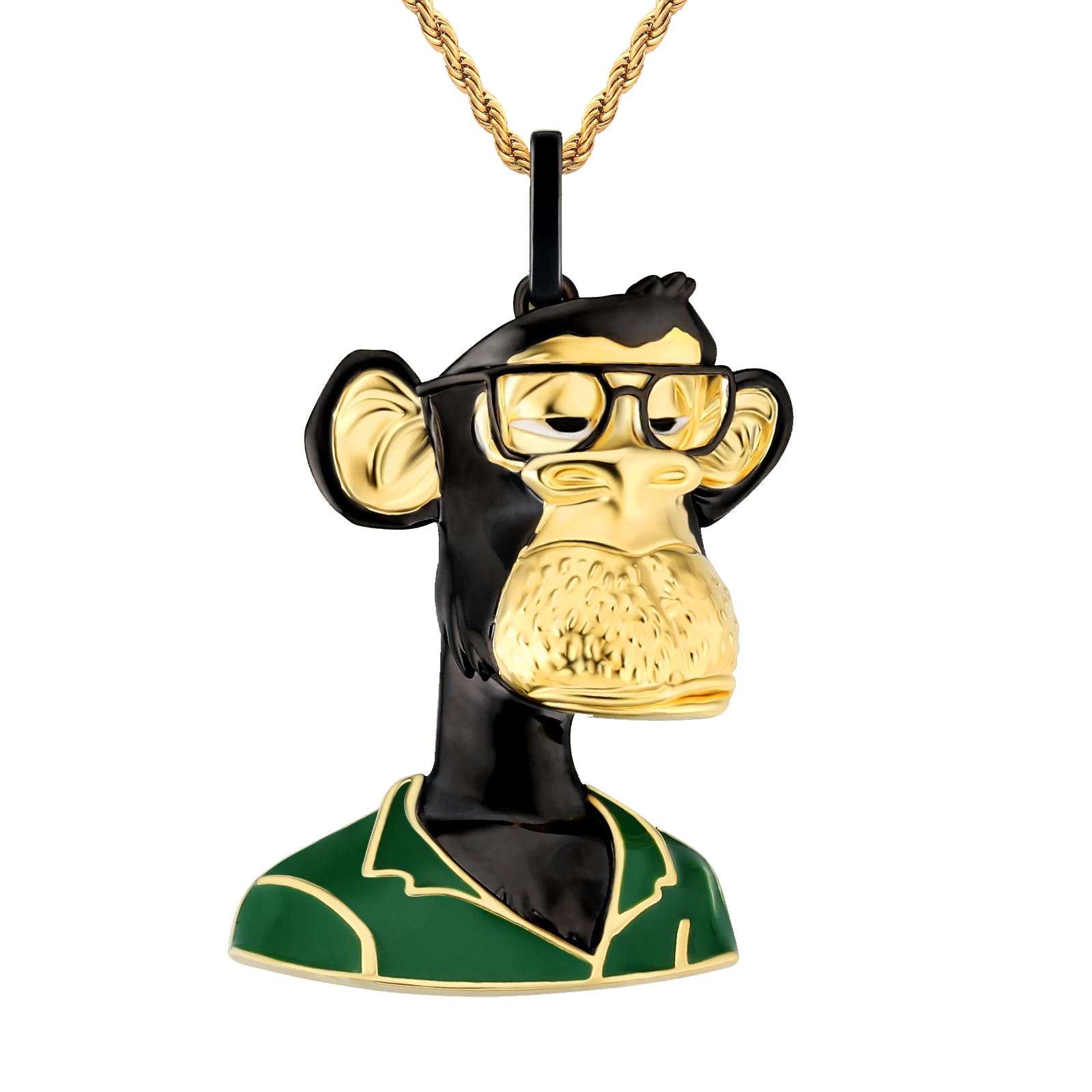 Big Daddy Bored Ape NFT Pendant #9 gold ape head with glasses and green jacket on gold chain
