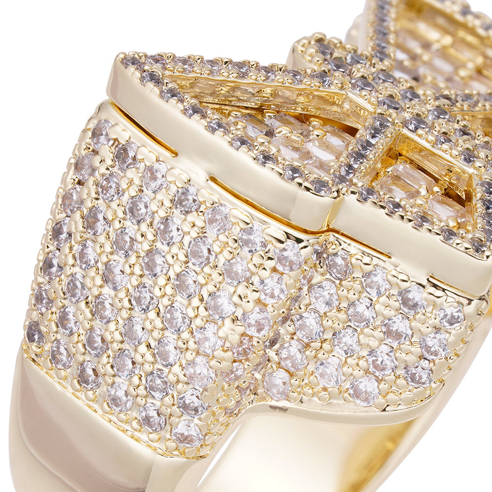 Close-up angled view of butterfly ring showing diamond pavé detail and gold bands