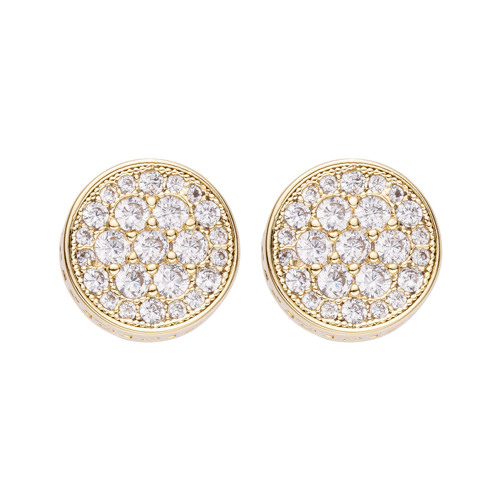Pair of Big Daddy iced out diamond cluster earrings showing matching round studs with full diamond coverage