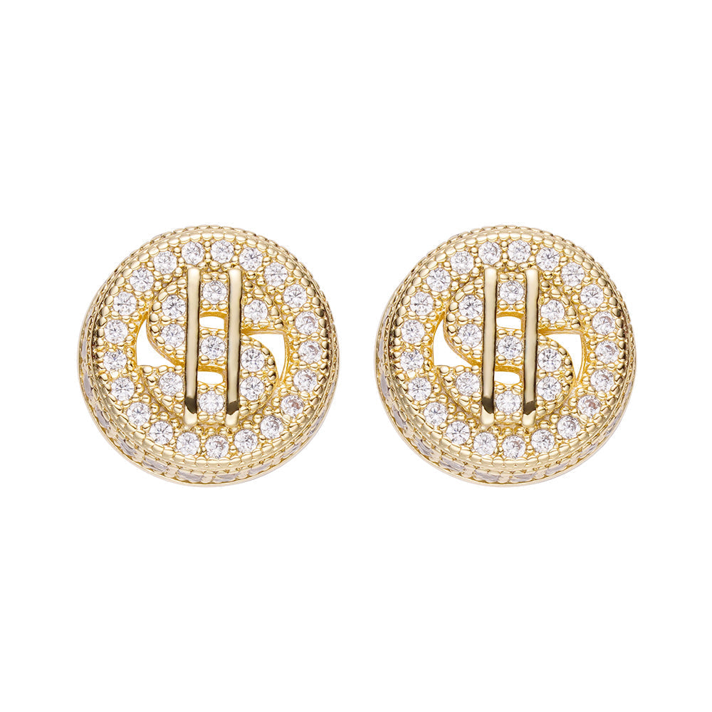 Pair of gold dollar sign cluster earrings with iced out cubic zirconia design
