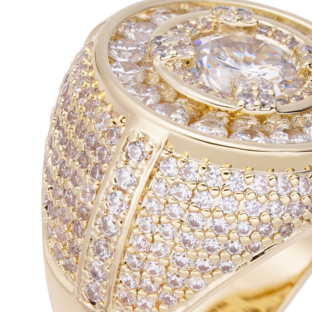Close-up detail of iced out cubic zirconia stones on ring band and crown setting