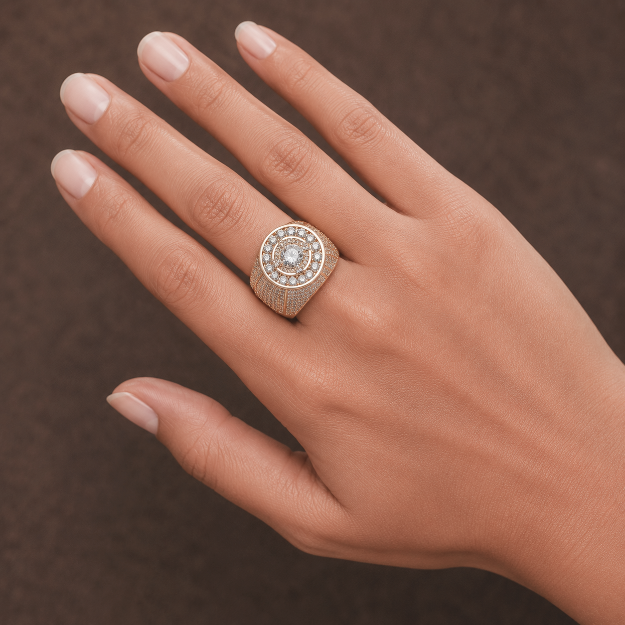 Big Daddy Crown diamond ring worn on finger showing center stone and crown design