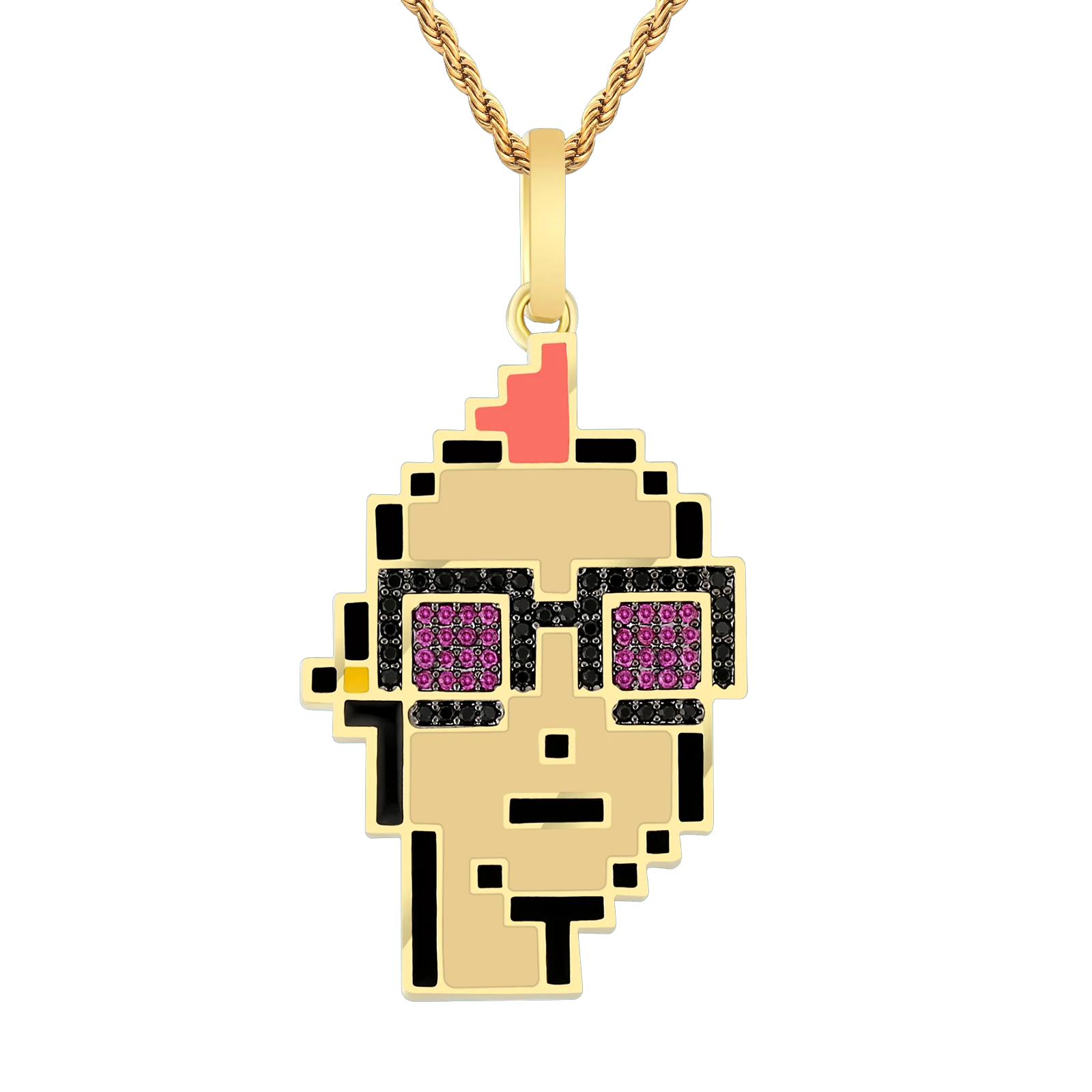 Big Daddy Cryptopunk #2 pendant featuring iced-out design with purple eyes, pink hair, and black accents on gold chain