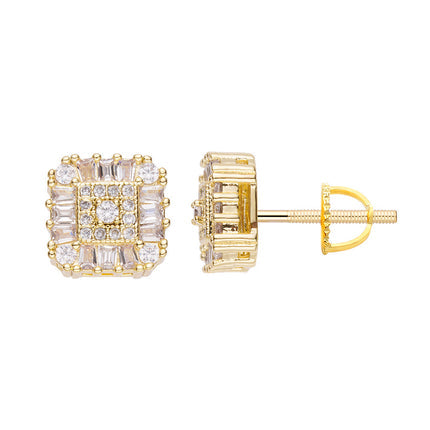 Gold diamond stud earring with cushion-cut iced-out design, front and back view