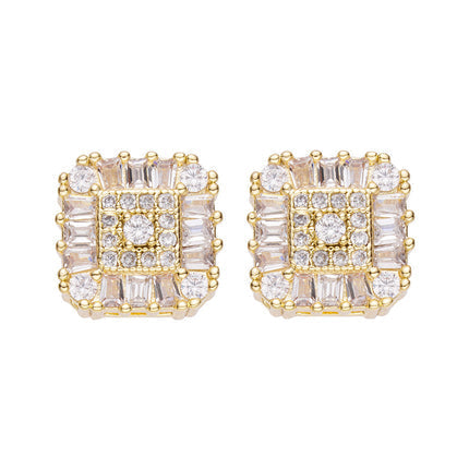 Pair of gold iced-out diamond stud earrings with cushion-cut cubic zirconia