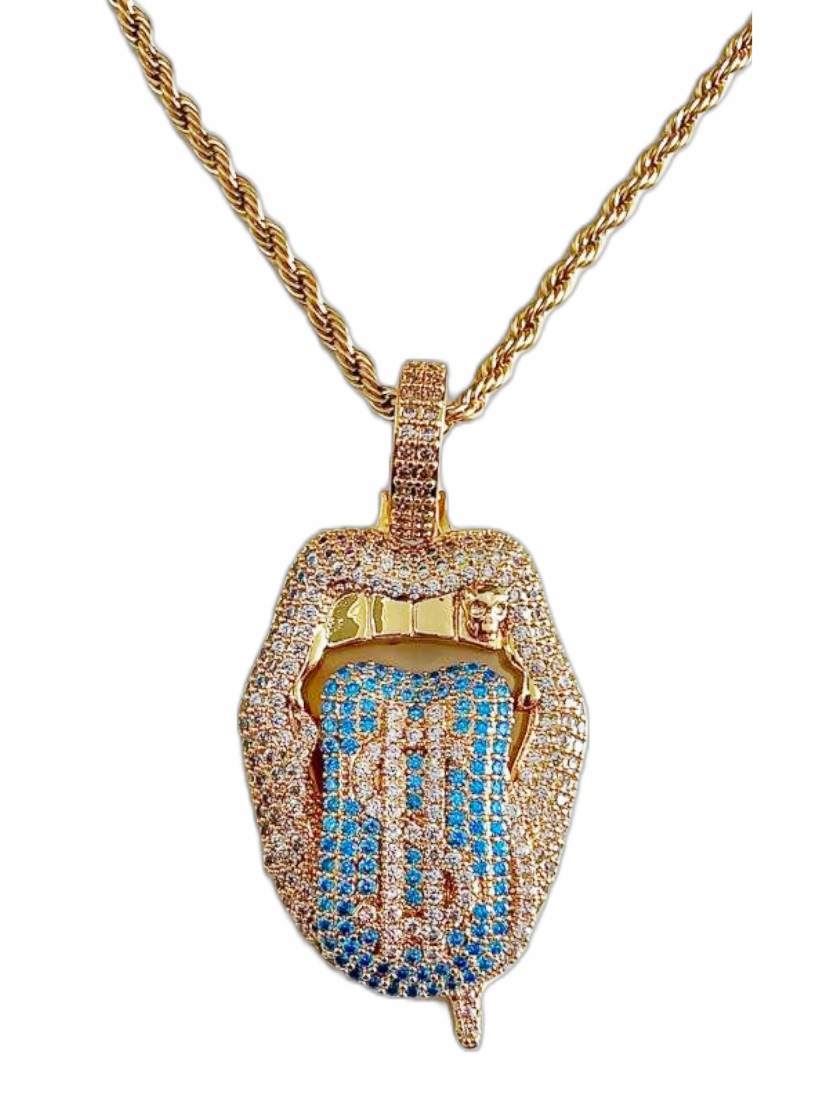 Iced out dollar tongue pendant with gold frame and blue crystal tongue, on gold rope chain