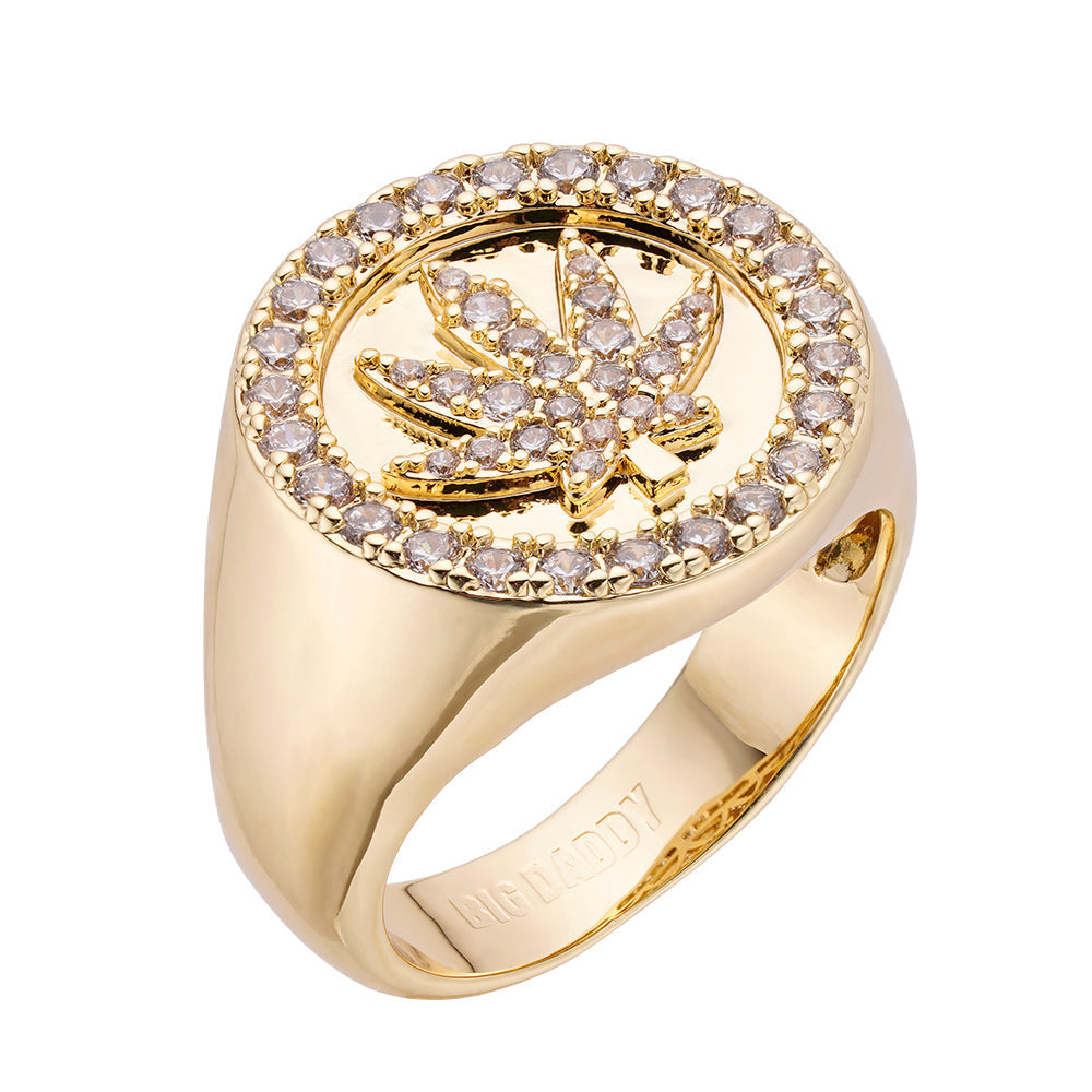Big Daddy Dope iced out diamond ring with gold-plated finish and cubic zirconia stones
