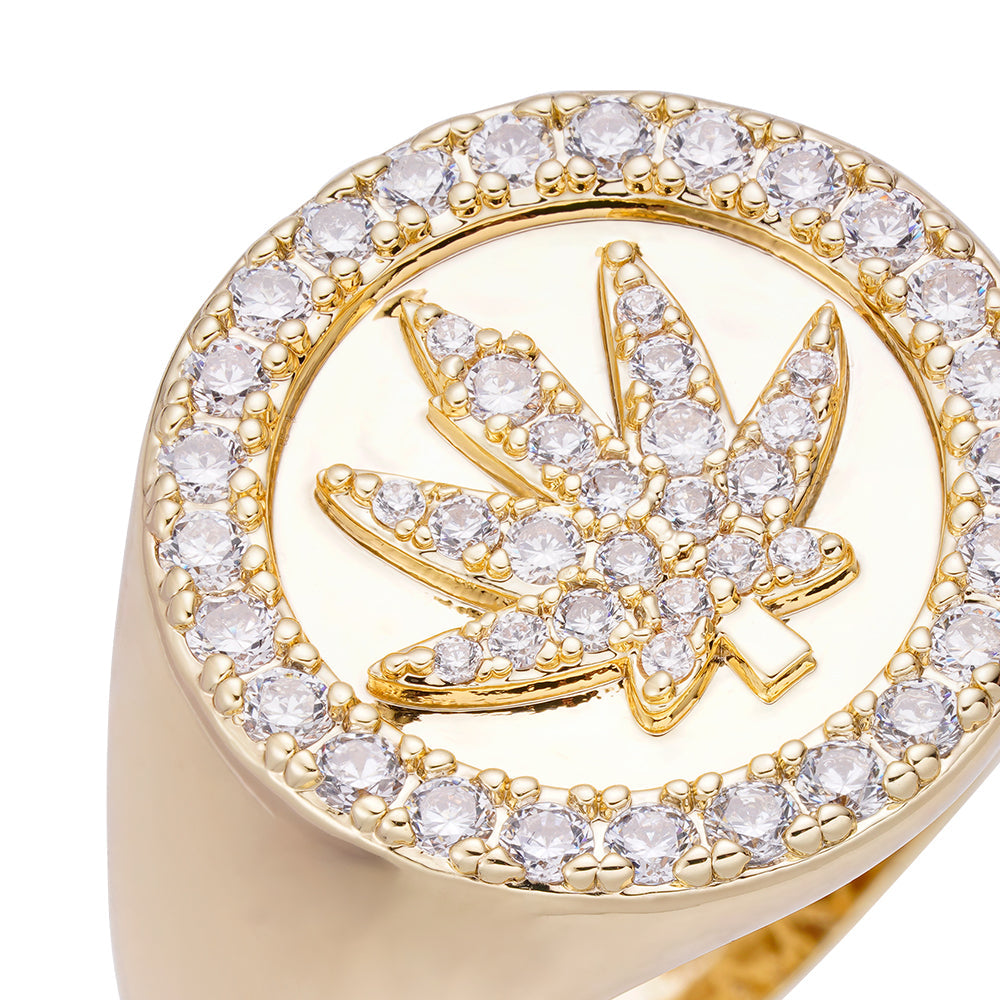 Angled view of Big Daddy Dope iced out ring showing crystal stone detail and logo design