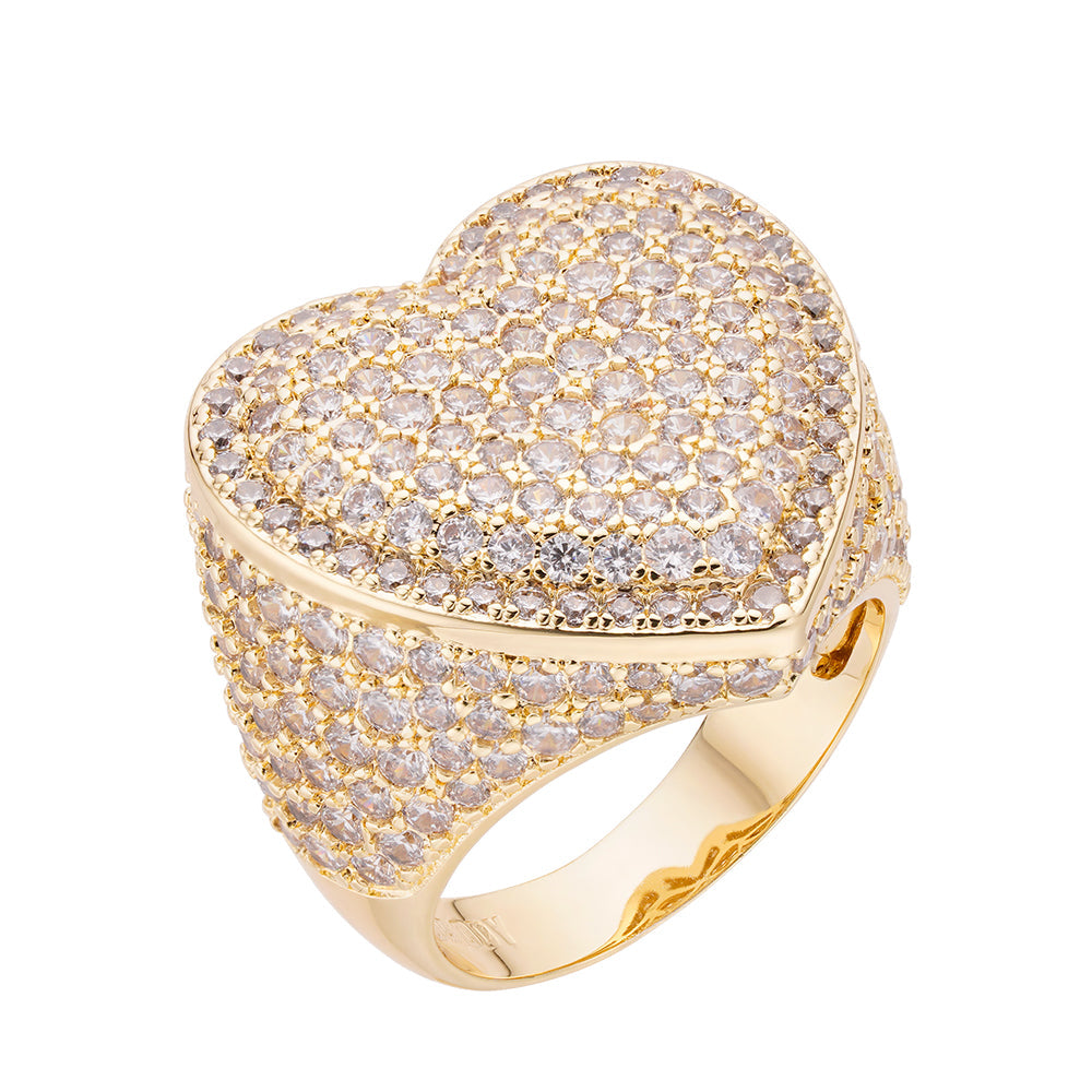 Gold heart-shaped iced out ring with cubic zirconia crystals, front view