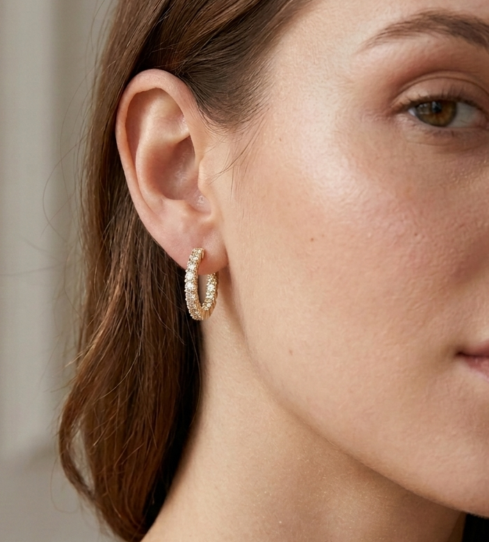 Gold diamond hoop earring worn on ear, side profile view