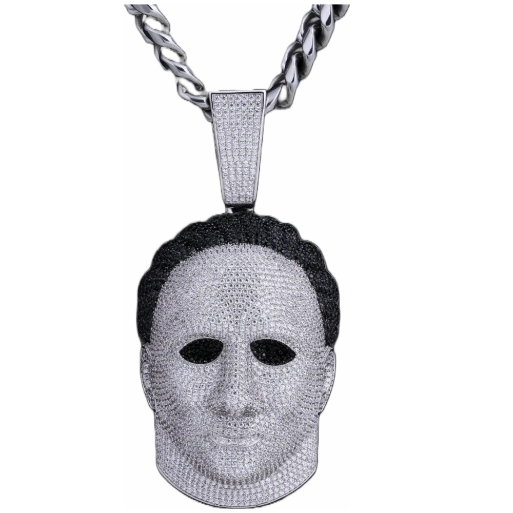 Iced-out Michael Myers mask pendant with silver crystals and black trim, front view