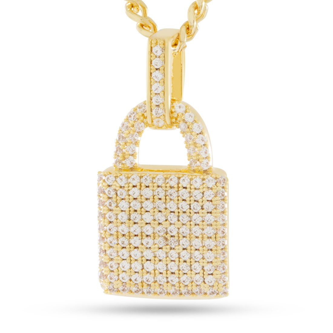 Gold lock pendant with cubic zirconia iced-out design on chain