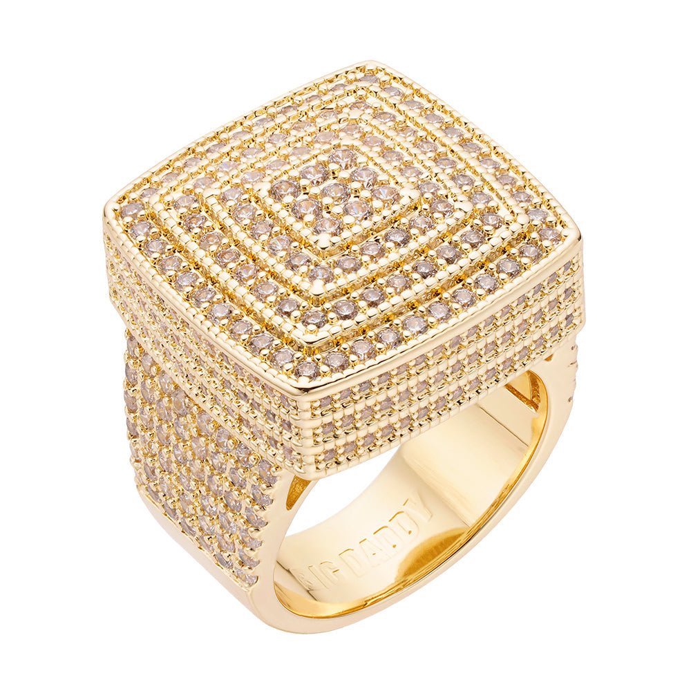 Big Daddy Imperial iced out diamond ring with square cushion-cut top and full pave band in gold