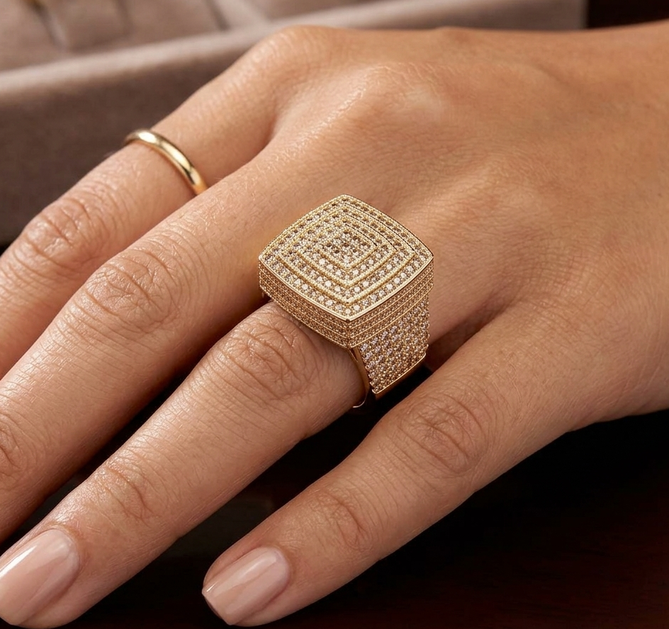 Big Daddy Imperial iced out diamond ring worn on hand showing square cushion-cut design