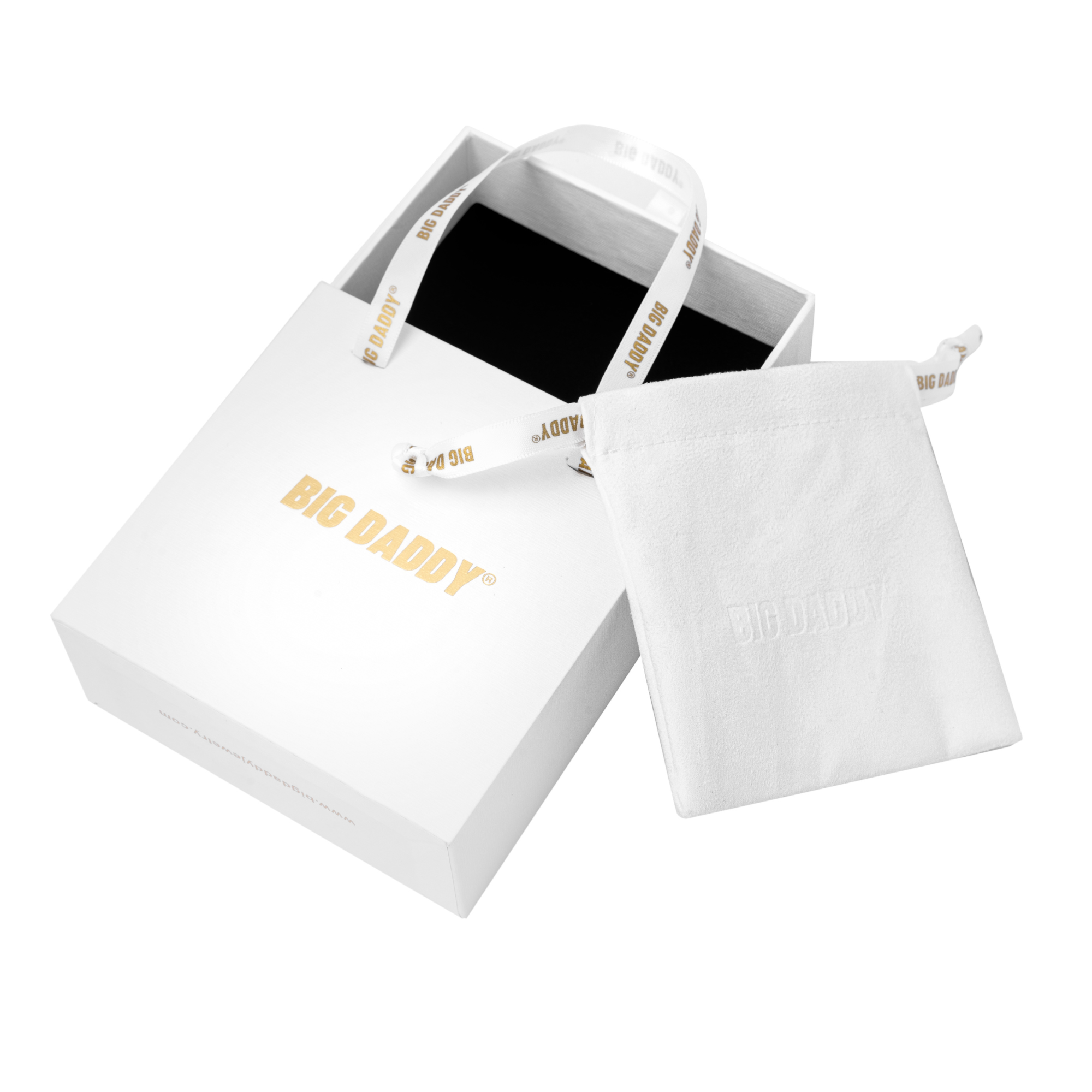 Big Daddy brand earrings packaging with white box and pouch