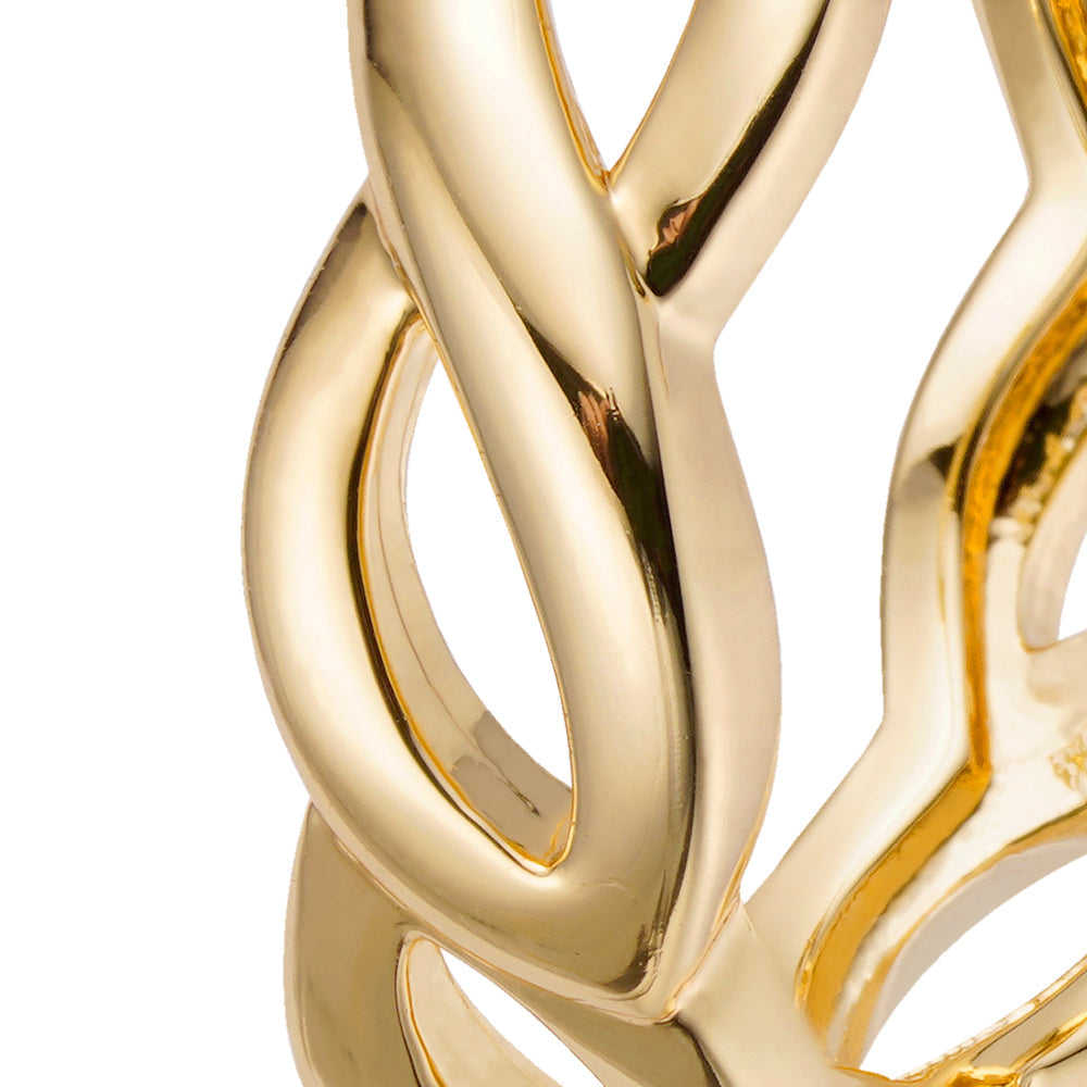 Close-up detail of intertwined hollow gold hoop design showing matte and polished finishes