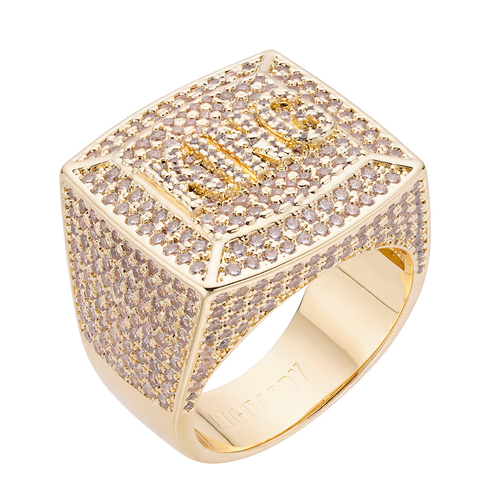 Gold-tone iced out diamond ring with square face and full stone coverage