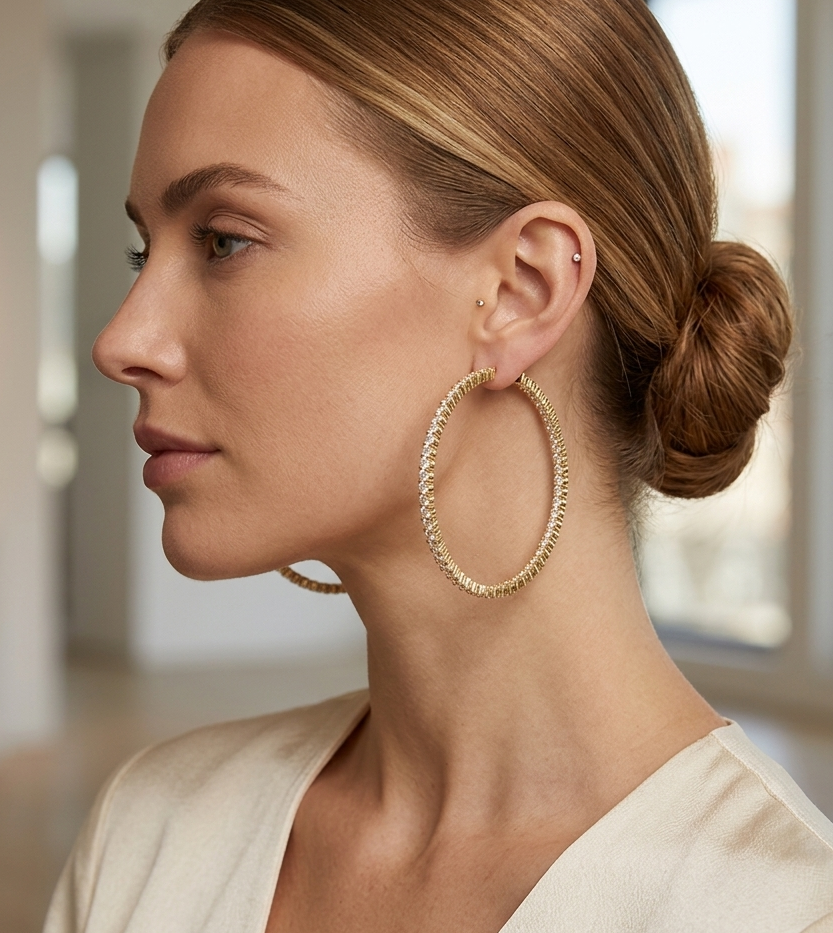 Large hoop iced out diamond earring worn on model