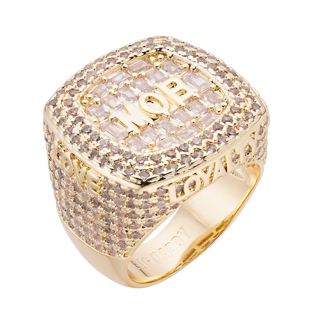 Big Daddy MOB iced out baguette diamond ring with gold-plated finish and cubic zirconia stones