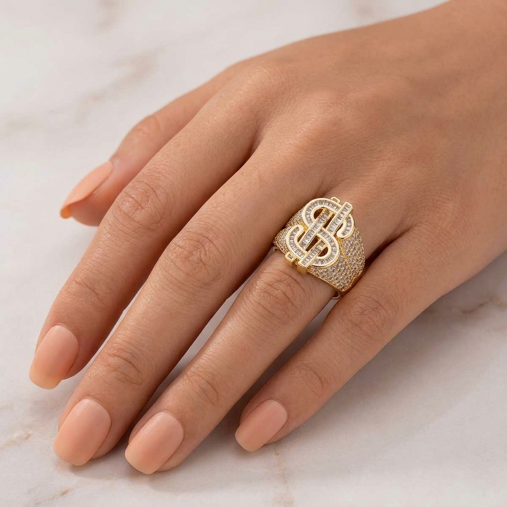 Dollar sign iced out ring worn on hand showing stone coverage and band width