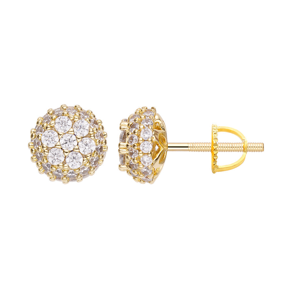 Big Daddy multi-cluster diamond earring studs, front and side view, gold with round brilliant-cut diamonds