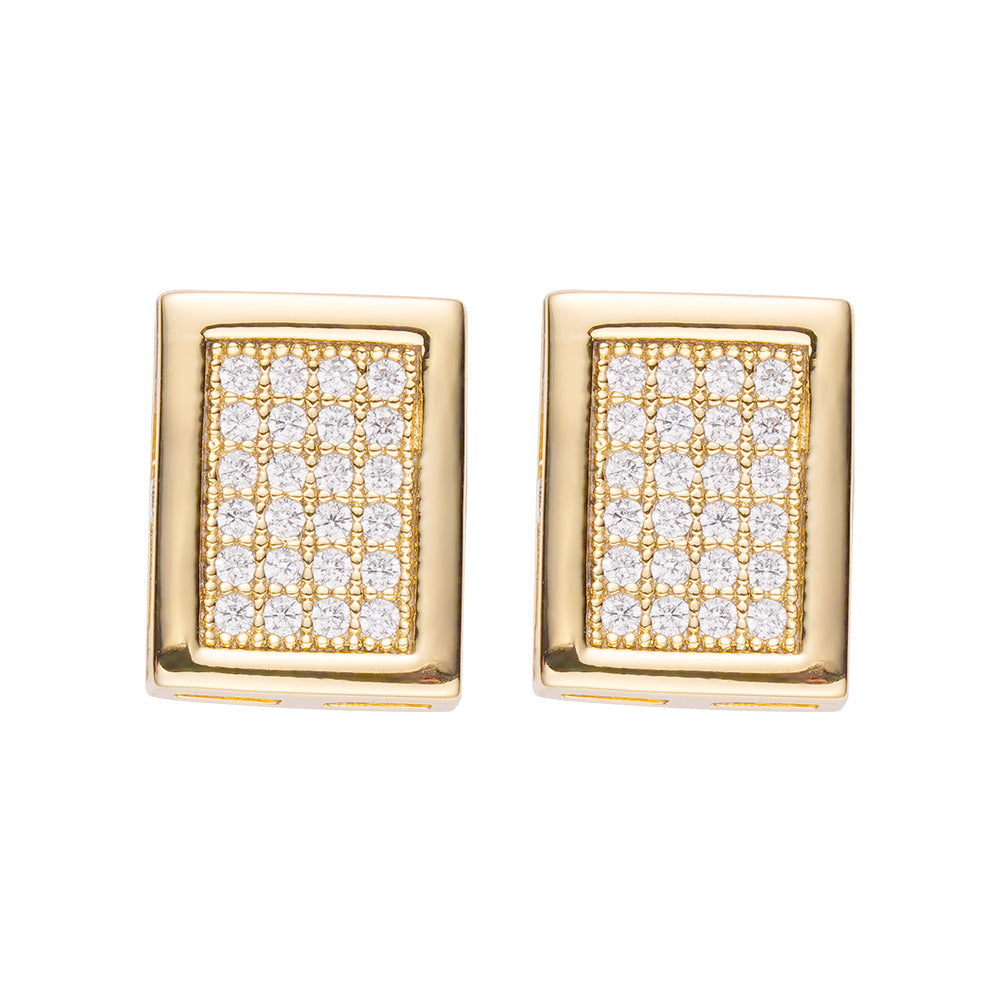Pair of gold square iced out diamond pave earrings, front view