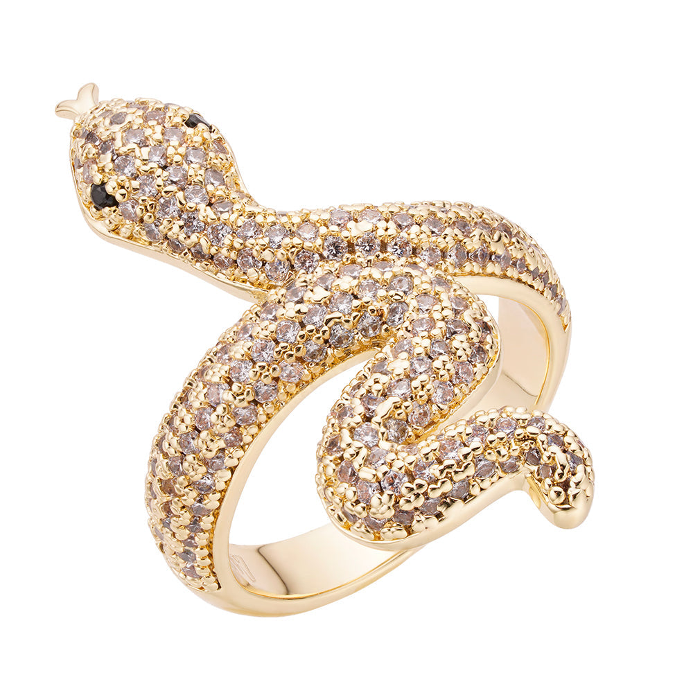 Snake ring showing curved wrap-around design with iced out diamond crystals