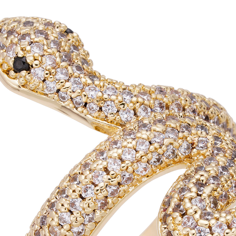 Close-up detail of iced out diamond pavé coverage on snake ring