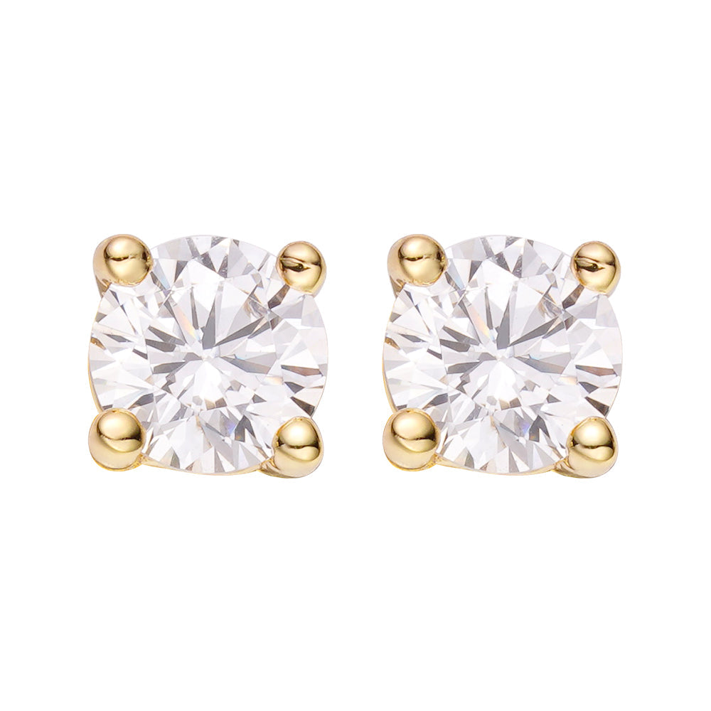 Pair of Big Daddy Solitaire diamond stud earrings with round-cut diamonds in gold four-prong settings