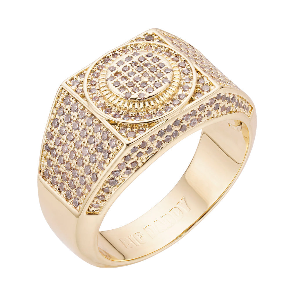 Gold iced out diamond ring with pave-set stones and rounded cushion bezel