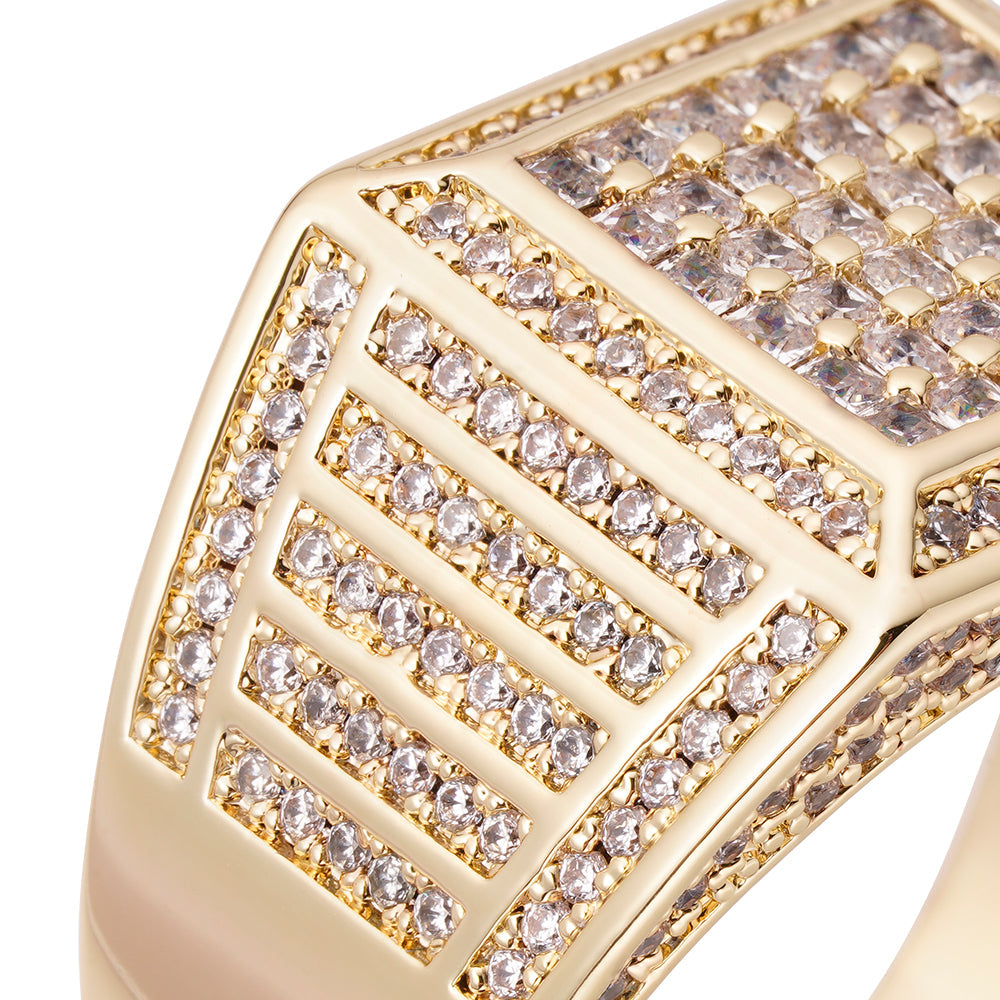 Close-up detail of square diamond pattern and gold setting on Big Daddy ring