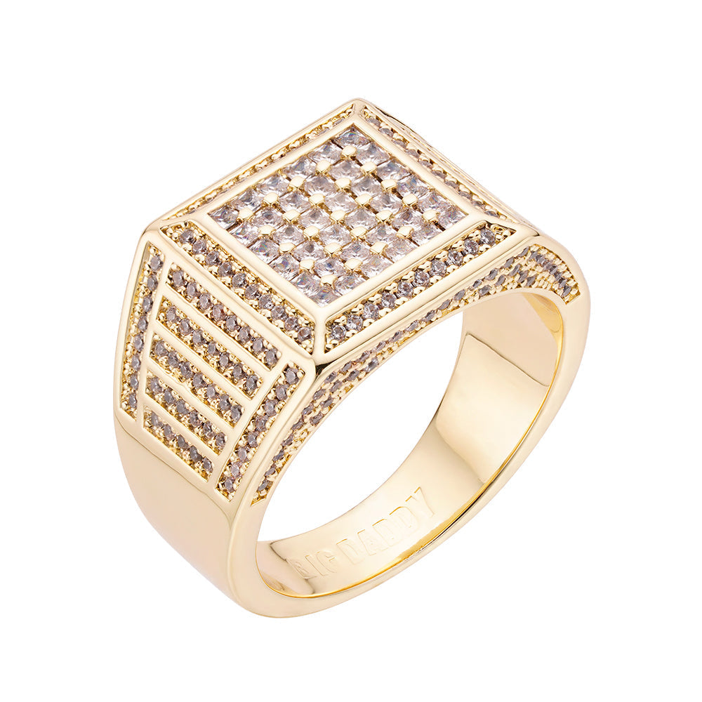Gold Big Daddy square diamond iced out ring with cubic zirconia stones