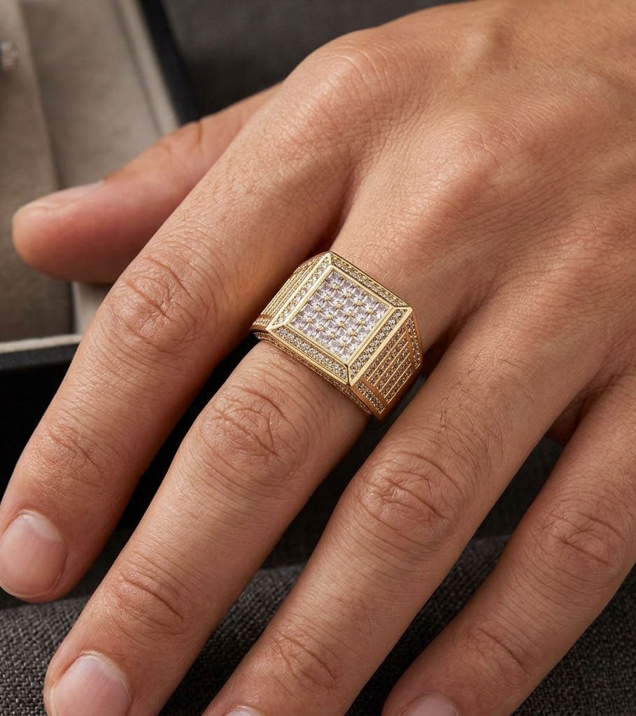 Big Daddy square diamond iced out ring worn on hand, gold and diamond design