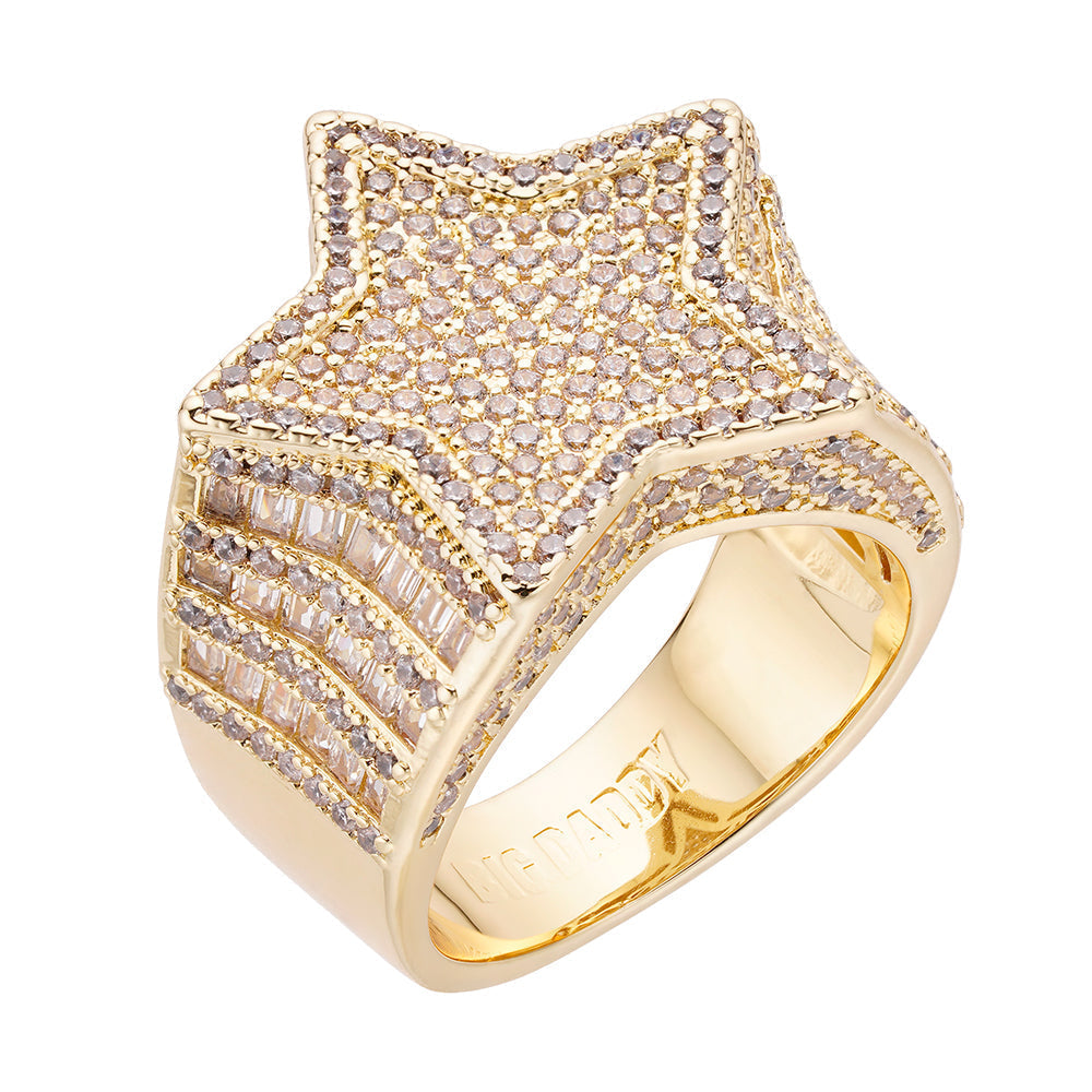 Big Daddy Big Star baguette diamond ring with gold plating and iced out crystals