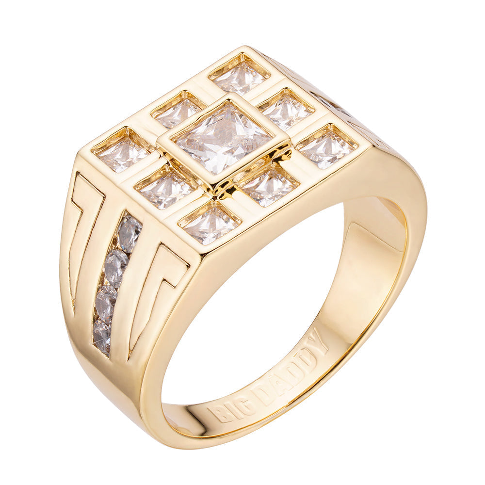 Gold-tone Big Daddy Stellar ring with square-cut diamond iced-out grid design