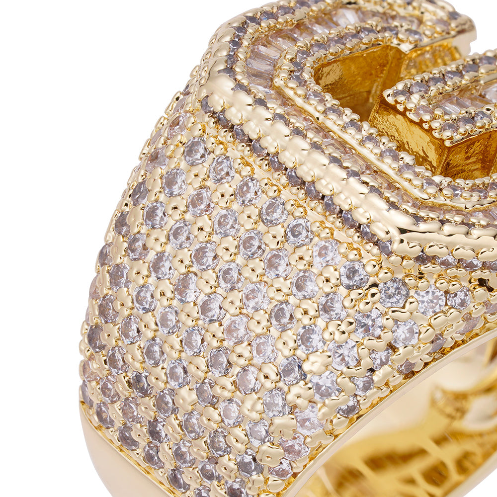 Close-up angled view of diamond baguette details and gold setting
