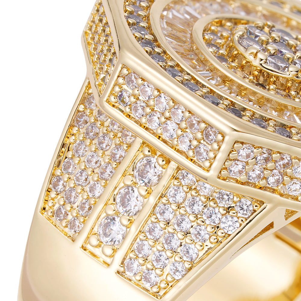 Close-up of diamond pave baguette settings and round iced-out face detail