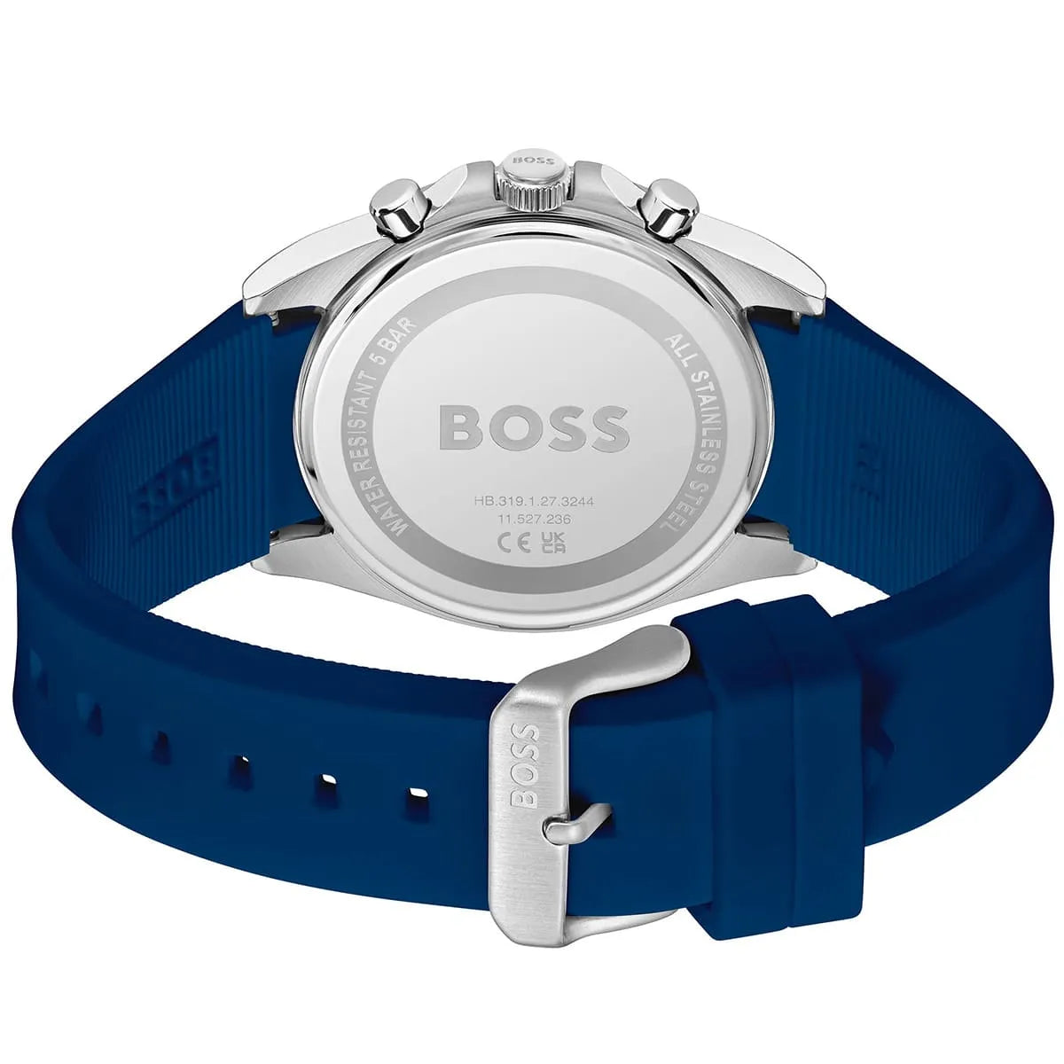 BOSS watch caseback showing stainless steel case with model and certification details