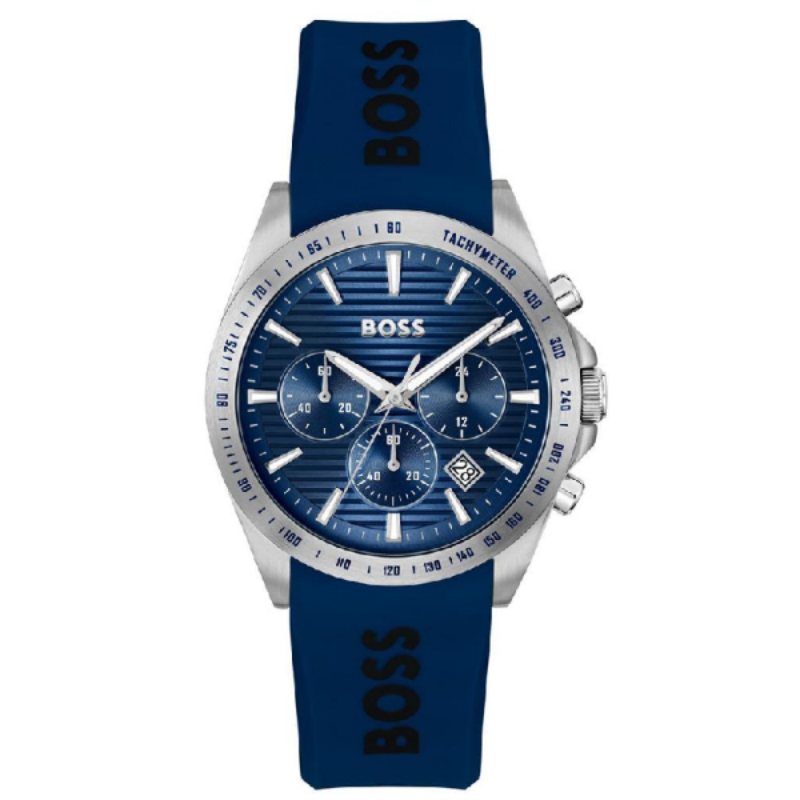 BOSS chronograph men's watch with dark blue dial and blue silicone strap