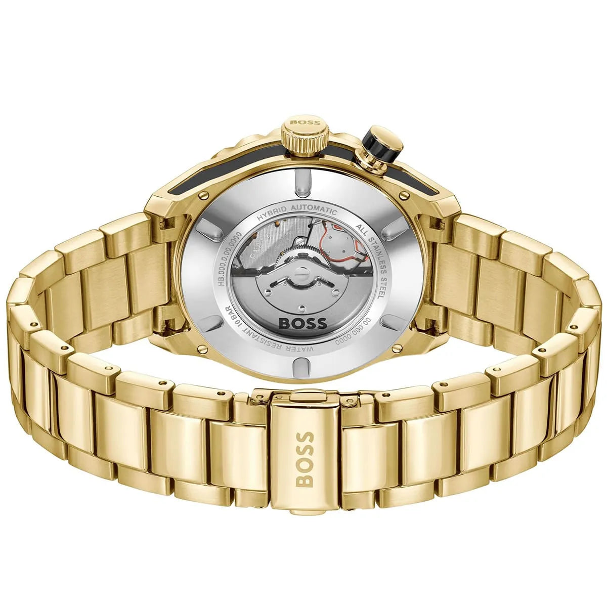 BOSS Bossmatic caseback showing automatic movement through transparent display back