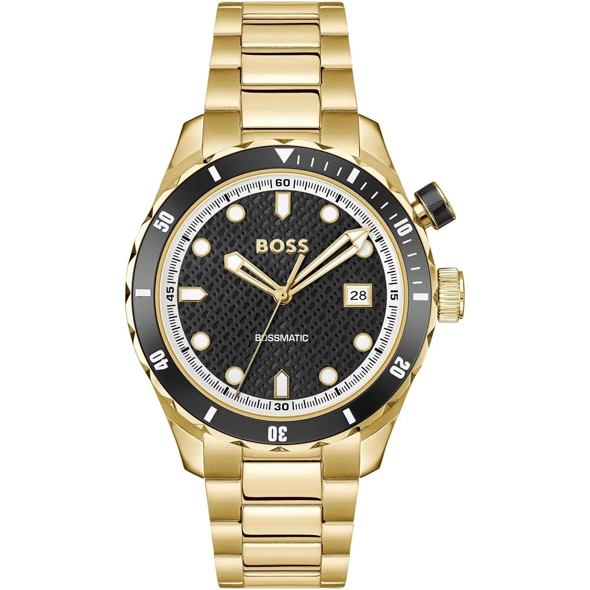 BOSS Bossmatic automatic men's watch with black patterned dial, gold stainless steel strap and black bezel