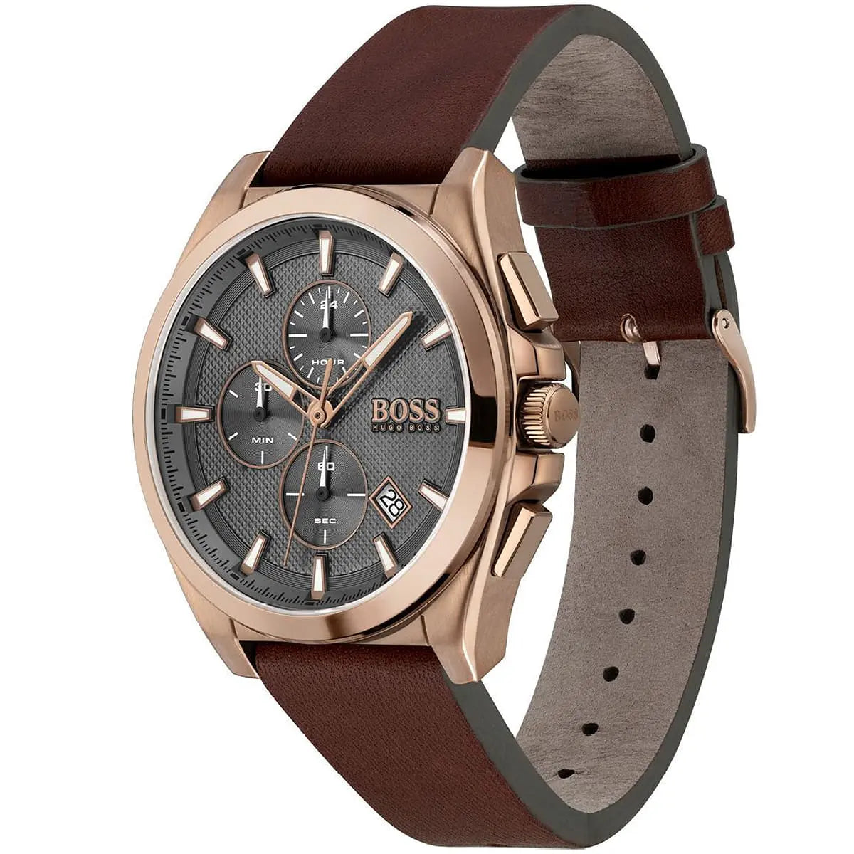 BOSS Grandmaster watch shown at angle with brown leather strap and gray chronograph dial