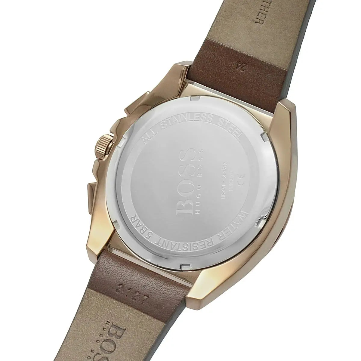 BOSS Grandmaster watch caseback detail with brown leather strap visible