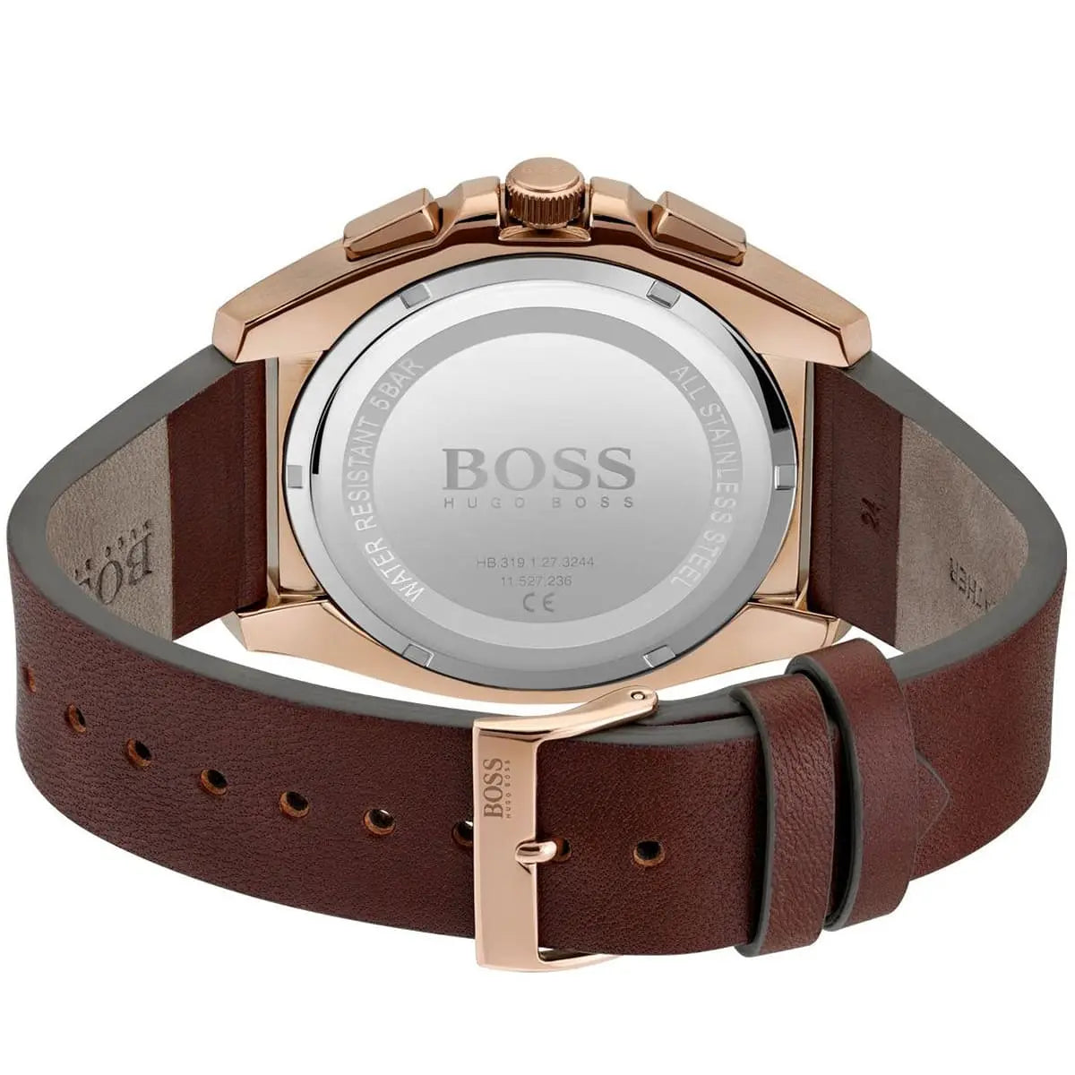 BOSS Grandmaster watch caseback showing transparent steel back with BOSS branding