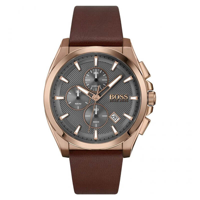 BOSS Grandmaster chronograph watch with rose-gold case, gray dial, and brown leather strap
