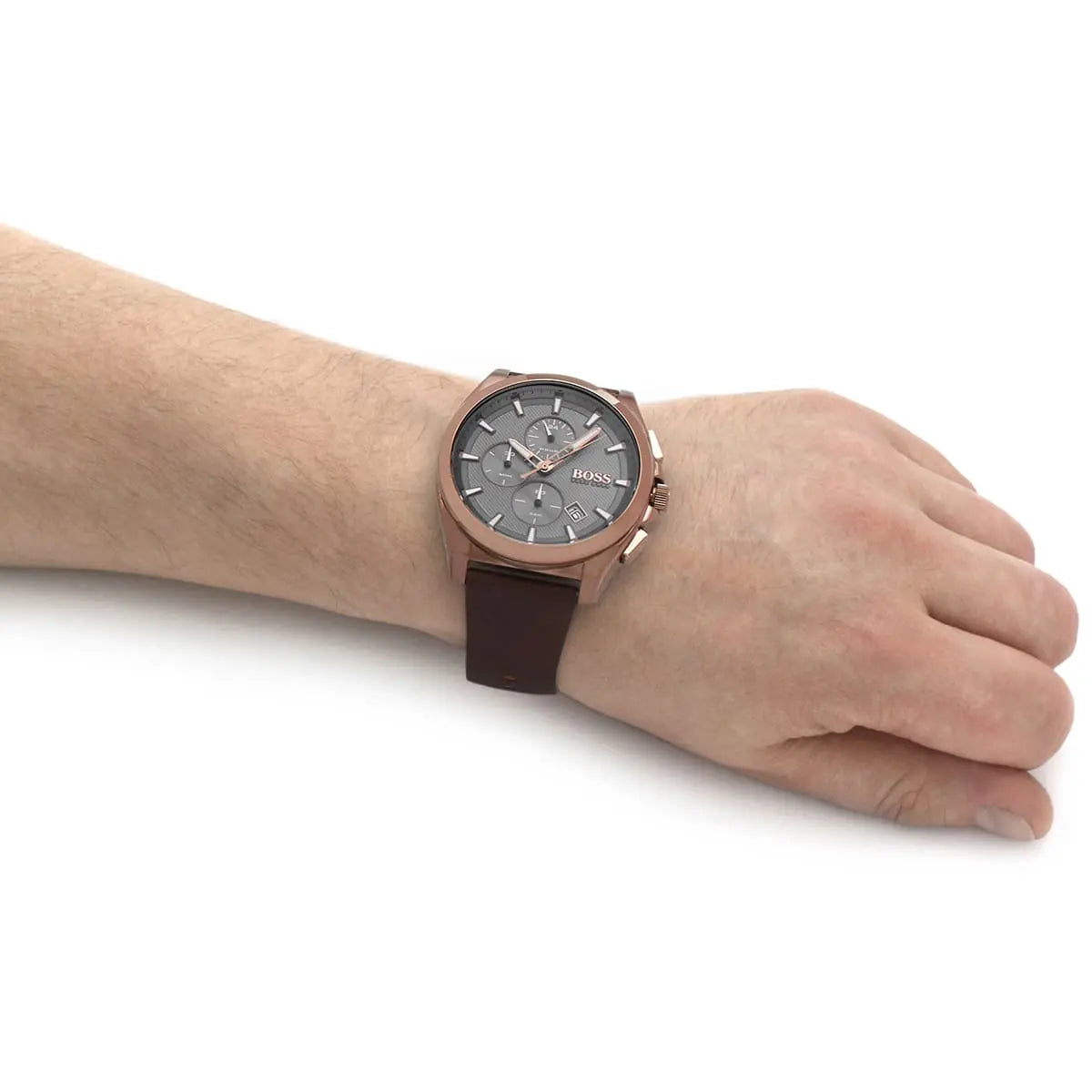 BOSS Grandmaster chronograph watch on wrist with brown leather strap
