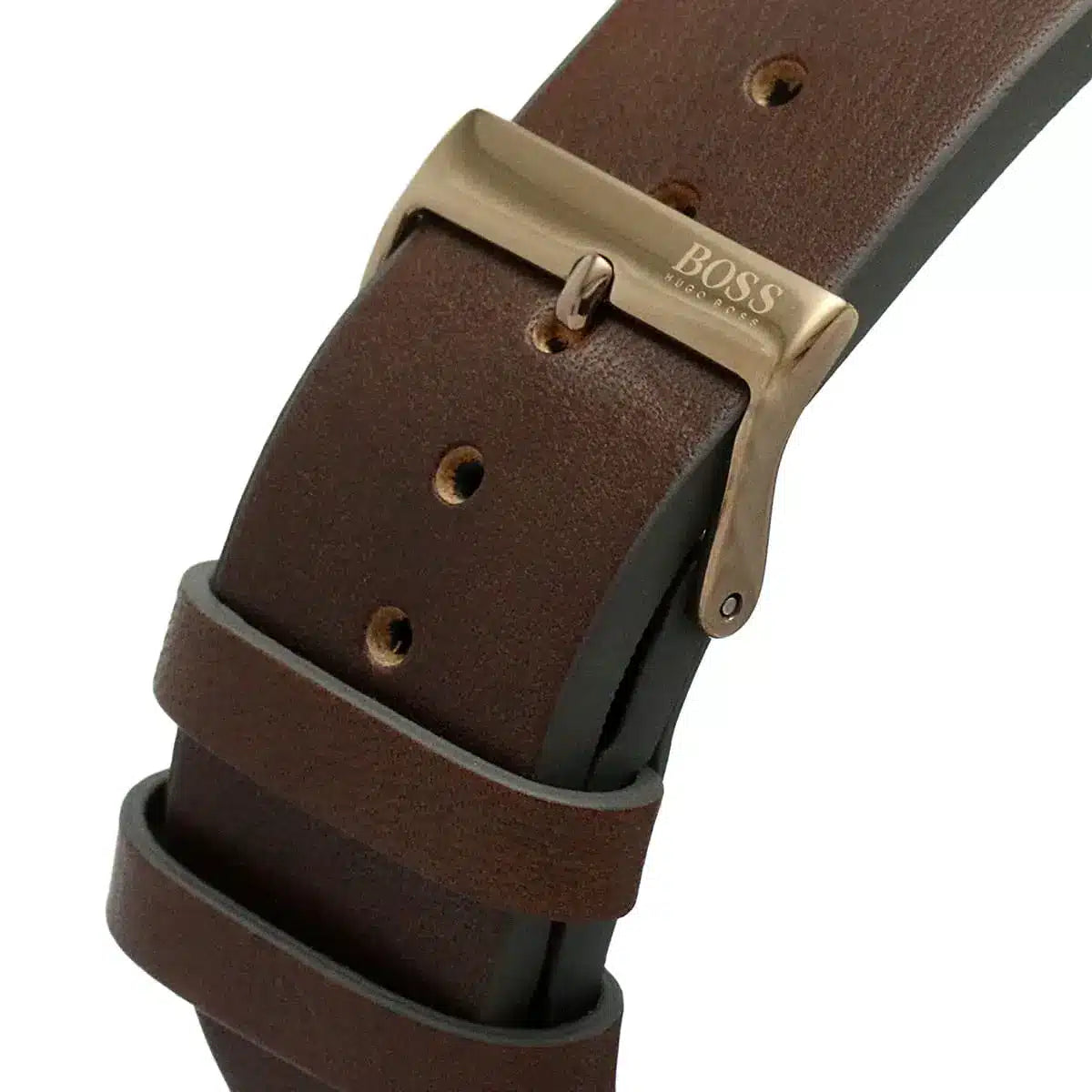 BOSS Grandmaster brown leather strap with rose-gold buckle and adjustment holes
