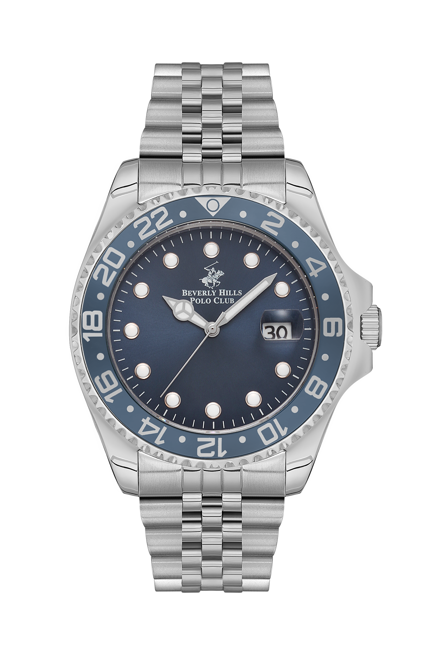 Beverly Hills Polo Club BP3126X.390 men's watch with dark blue dial, silver-tone stainless steel case and bracelet, date window, and bezel